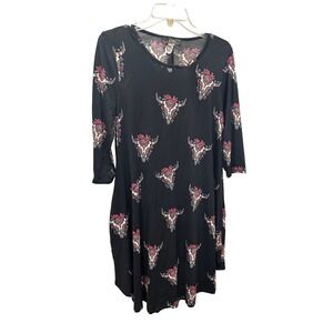 L&B Lucla & Blessed Black Skull Rose Print 3/4 Sleeve Dress Size Small